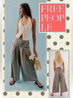 🆕 Free People East Side Cotton Wide Leg Trousers Gingham Blue/Brown Print Med